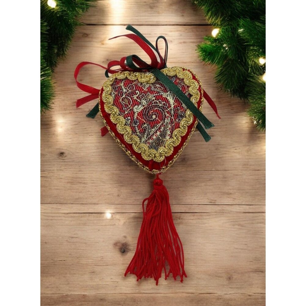 Vintage Heart Shaped Christmas Tree Ornament Victorian Style Tassel Red Gold
